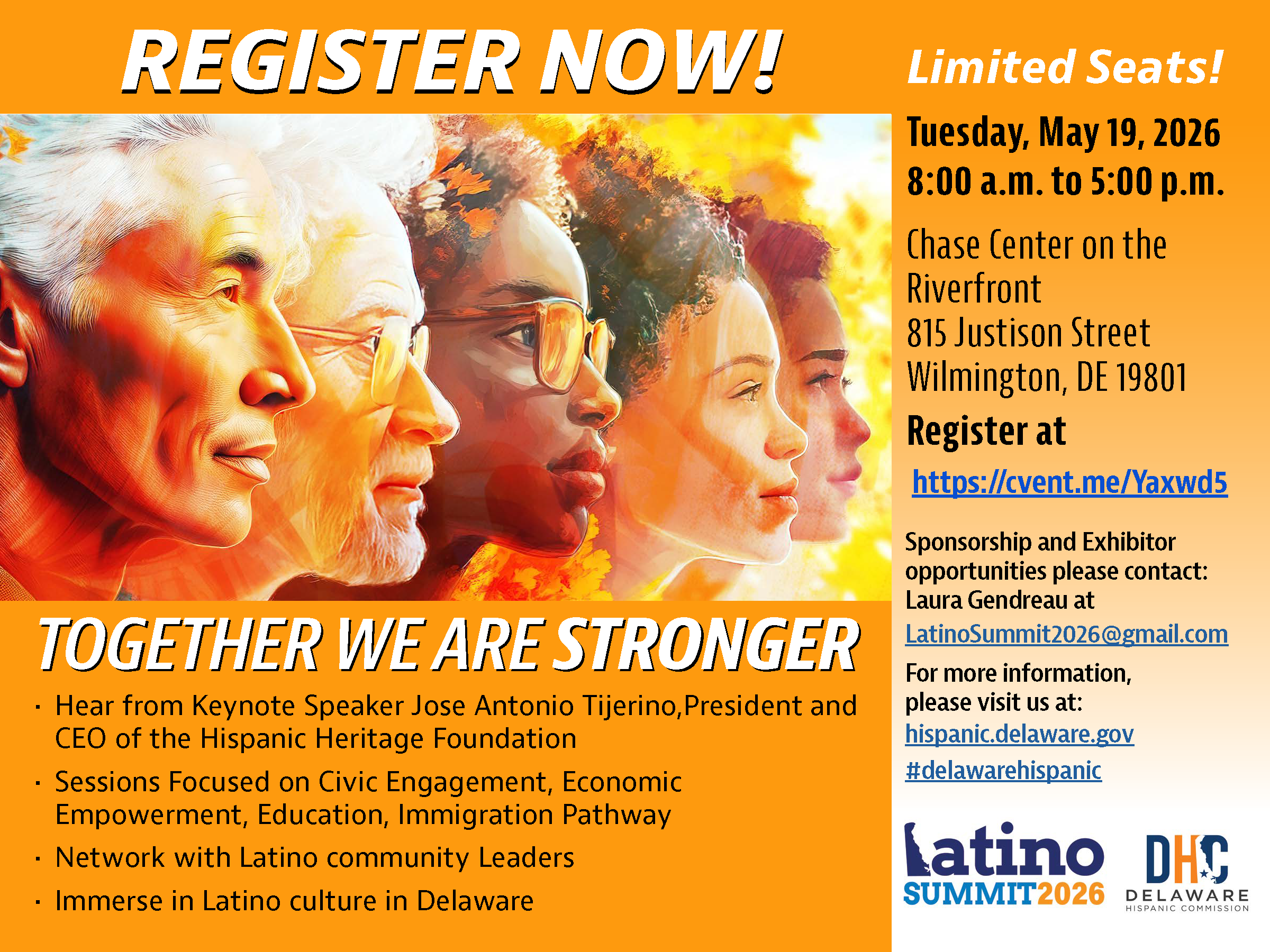 2026 Latino Summit - May 19th 2026 registration announcement card with diverse Latino men and women.